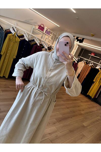 OlaLady Γυναικείο φόρεμα Hijab από βαμβακερό λινό με πλαϊνές τσέπες και κουμπιά μπροστά