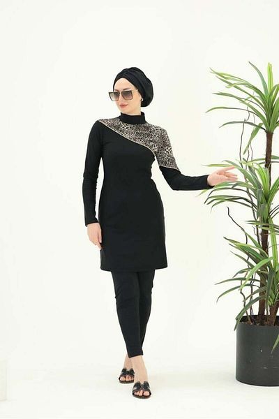 NS Tasarım Tesettür Mayo Alina Leopard Print Hijab Swimsuit Set - 727