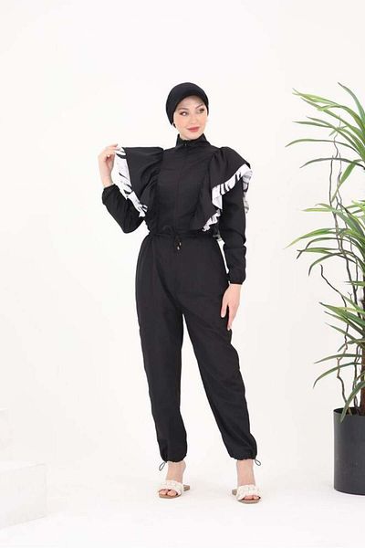 NS Tasarım Tesettür Mayo Star Striped Model Design Hijab Parachute Fabric Jumpsuit Swimsuit