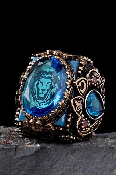 Diriliş Takı Mavi Taş İçerisi Aslan İşlemeli Gümüş Yüzük
