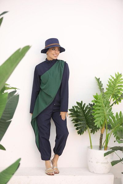 NS Tasarım Tesettür Mayo Ocean Green Striped Navy Blue Design Hijab Jumpsuit Swimsuit