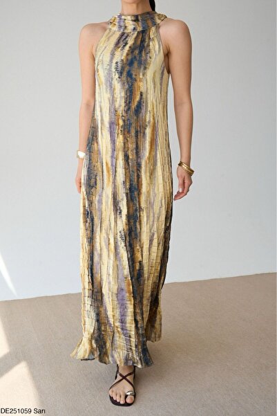 Lupies Kadın Sarı Kraşlı Boyundan Düğmeli Kolsuz Uzun Elbise