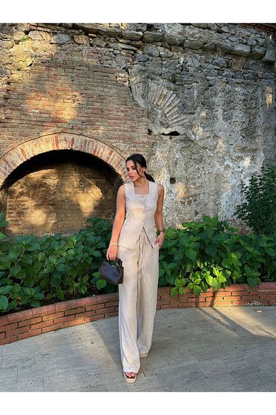 LOBOLIC Women's Square Neck Vest Linen Suit with Trousers