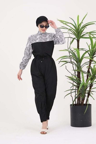 NS Tasarım Tesettür Mayo Beyza Patterned Dream Jumpsuit - Hijab Parachute Fabric