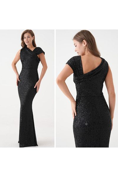 CİXAPLE Shoulder Detailed Sequin Evening Dress
