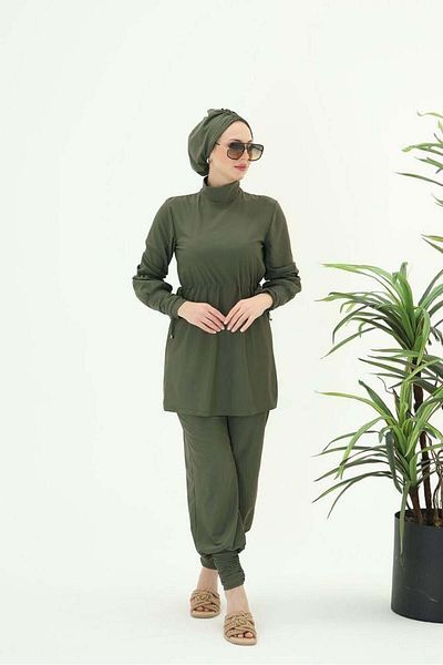 NS Tasarım Tesettür Mayo Diana Gather Detailed Design Hijab Lycra Khaki Double Suit Swimsuit
