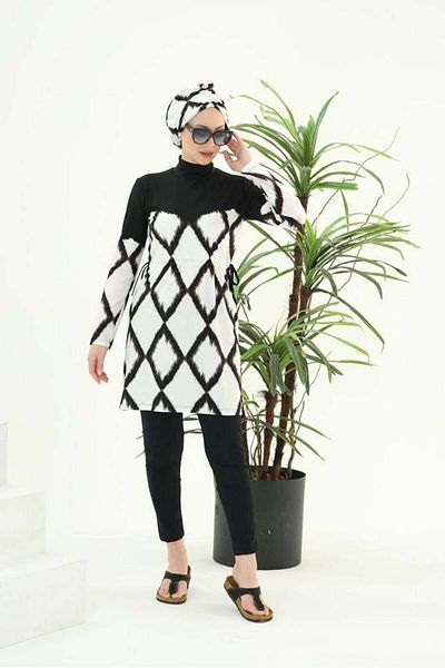 NS Tasarım Tesettür Mayo Adel Baklava Pattern Design Hijab Double Swimsuit Set
