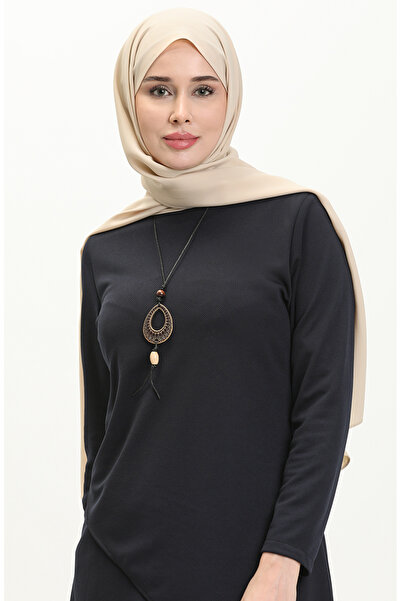 sefamerve Navy Blue Necklace Tunic and Trousers Set - 0704-11