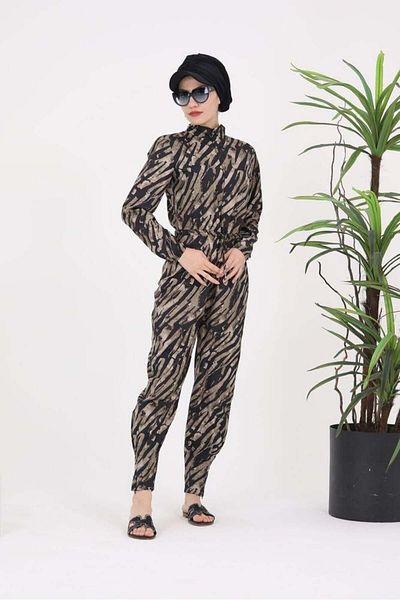 NS Tasarım Tesettür Mayo Brown Stripe Pattern Design Hijab Parachute Fabric Jumpsuit Swimsuit