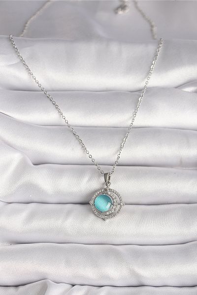 Skygo 316L Steel Silver Color Zircon Stone Blue Pearlescent Crescent Model Women's Necklace - Tj-Bko9703