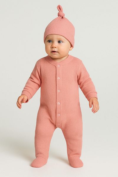 Bubito Corded Combed Cotton Baby Jumpsuit with Stylish Hat-Salmon