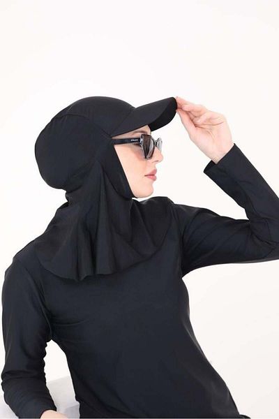 NS Tasarım Tesettür Mayo Rosa Black Full Covered Bonnet Swimsuit