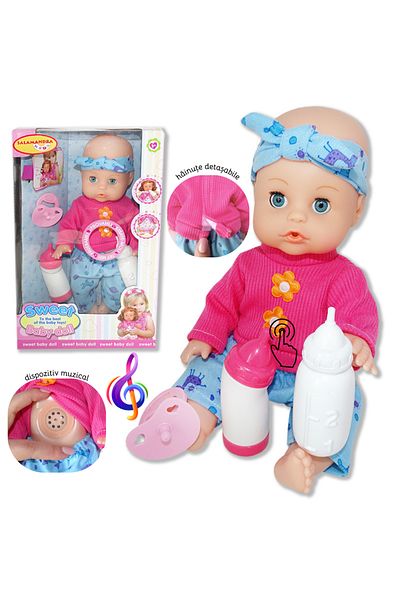 Salamandra Papusa Bebelus Sweet Baby Doll cu accesorii,  sunete, care bea si elimina lichidele, roz/albastru