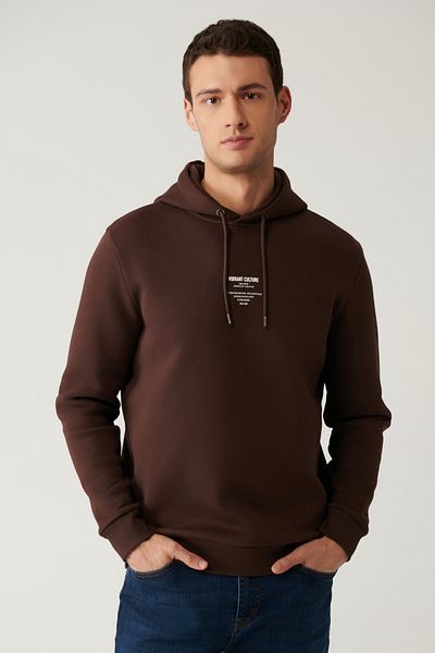 Avva Men's Brown Hooded 3 Thread Raster Printed Sweatshirt A41Y1247