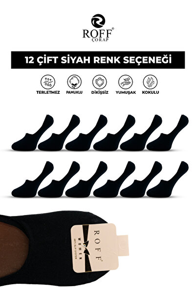 ROFF ÇORAP Roff Cotton Booties Socks Seamless Ankle Comfortable Pack of 12 Black