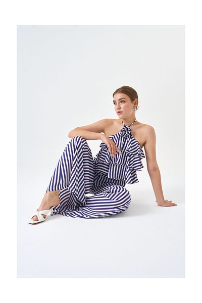 MODATALİKA Trend Women's Rose Detailed Blouse and Wide Leg Trousers Striped Two Piece Set