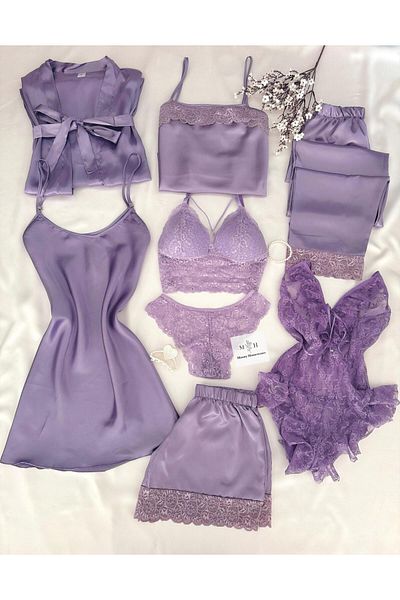 MH Moony Homewears Комплект от 8 гигантски сатенени пижами Dorika Lila в кутия, нощница, халат и бельо