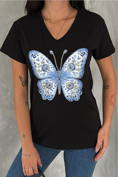 FEMELLE Tricou negru pentru femei, cu decolteu în V, cu model de fluturi, cu paiete brodate, 100% bumbac