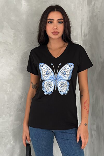 FEMELLE Women's Black V-Neck Large Size Butterfly Pattern Sequin Embroidered 100% Cotton Large Size T-Shirt