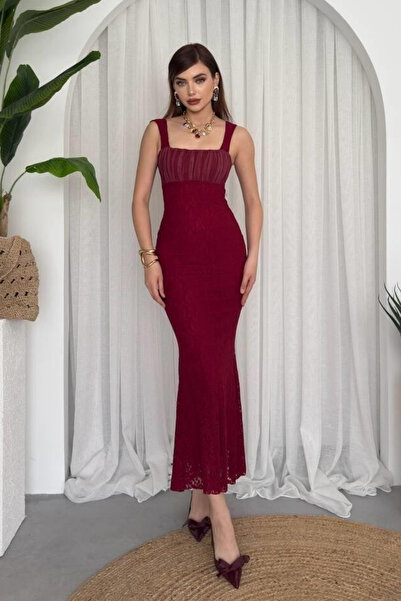 Orihime Kadın Bordo Dantel İşlemeli Askılı Balık Model Söz Nişan Elbisesi
