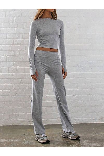 GENIUS STORE Women's Trousers Flared Jersey Gray Melange Trousers Jarse-Pant