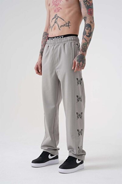 Machinist Ανδρικό παντελόνι με στάμπα πεταλούδας από οργανικό βαμβάκι Oversize ανοιχτό γκρι