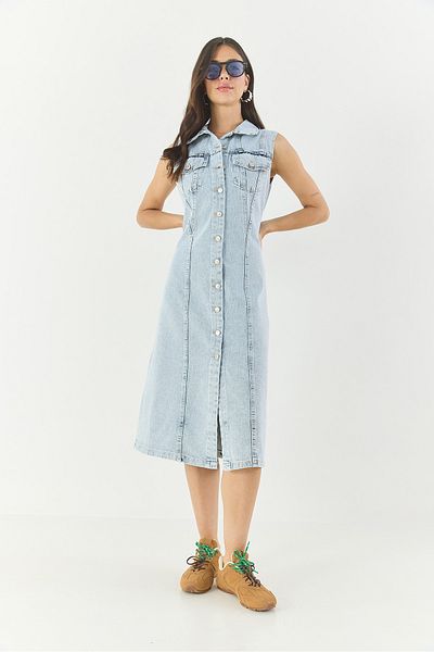 Bianco Lucci Rochie de damă, cu buzunare la talie, cu mâneci zero, cu nasturi, din denim 3575 60283288