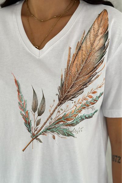 FEMELLE Women's White V-Neck Plus Size Leaf Pattern Sequin Sequin Embroidered 100% Cotton Plus Size T-Shirt