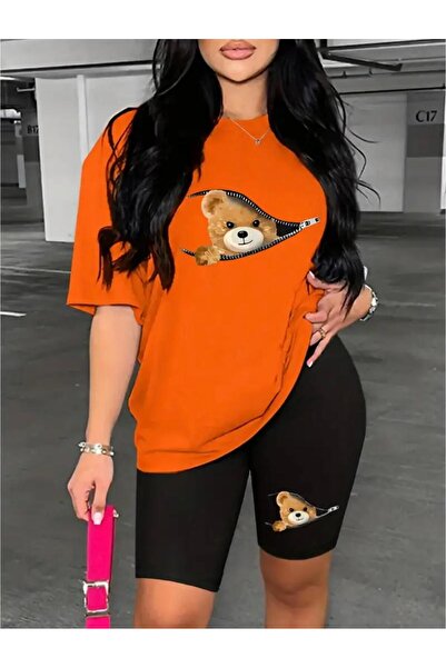 NO 601 تي شيرت نسائي برتقالي بسحاب مطبوع عليه دب قطني كبير الحجم طقم لباس ضيق...