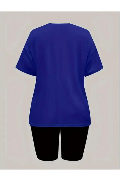 NO 601 Women's Saks Blue Zippered Bear Printed Cotton Oversize T-Shirt Black Short Diver Tights Set