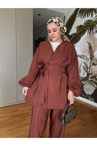 Aselim Hijap Moda Side Tie Waist Cinch Pleated Modal Woven Suit Light Brown