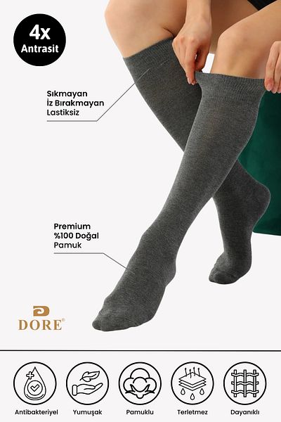 Dore Original Women's 4 Pairs Premium Knee-Length Cotton Combed Seamless Non-Exposed Knee-Length Luxury Socks