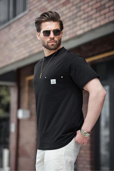 Madmext Black Pocket Crew Neck Basic T-Shirt E7149