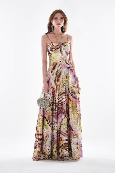 EXPLOSION Patterned Thick Satin Chain Maxi Length Evening Dress Explosion