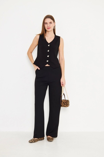 Akabi بنطلون نسائي بخصر متوسط مطاطي بساق مستقيمة مرنة أسود