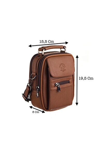 Westpolo El Ve Omuz Askılı Mıknatıslı Ve Fermuarlı Vegan Deri Erkek Çantası (KÜÇÜK BOY) - Taba