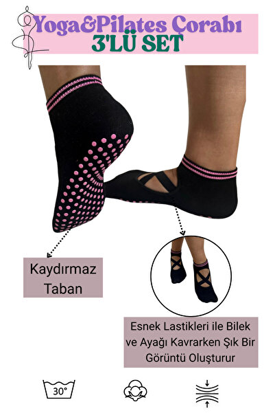 Oliva Nero 3'LÜ Kaydırmaz Pilates & Yoga Çorabı - Siyah, Pembe Kaydırmaz Taba...