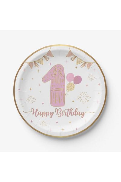 kidspartim 1 Year Old Gold Gilded Pink Cardboard Plate 23 cm 6 Pieces