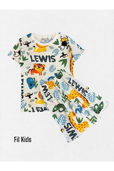Fil Kids Set de pijamale de vară cu mânecă scurtă cu model Safari, din bumbac alb, pentru băieți
