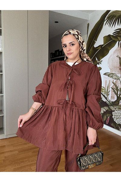 Aselim Hijap Moda Διπλό κοστούμι με βολάν δεμένο υφασμάτινο παντελόνι Acıkahve