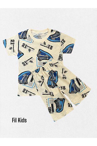 Fil Kids Boy's Ecru Color Athlete Patterned Cotton Short Sleeve Shorts Summer Pajama Set