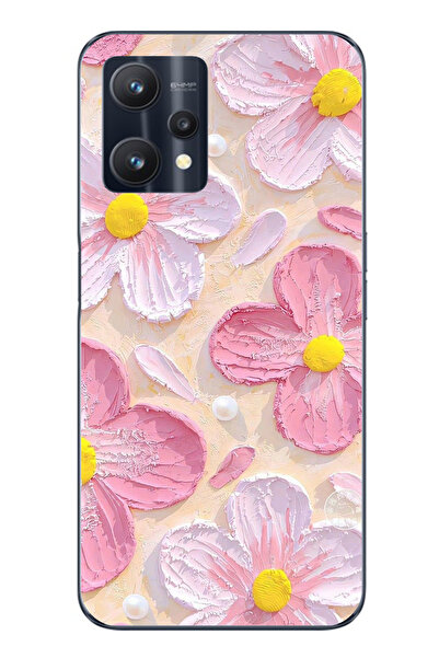 TechTree Realme 9 Pro Uyumlu Pembe Beyaz Çiçekler Sulu Boya Şeffaf Silikon Kılıf
