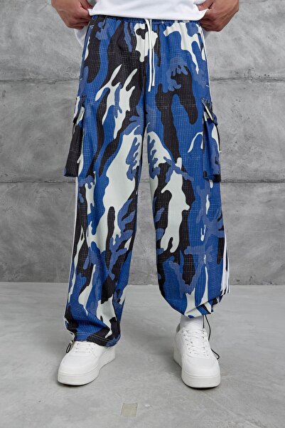 NOMARC Erkek Mavi Desenli Çizgili Kargo Cepli Eşofman Altı