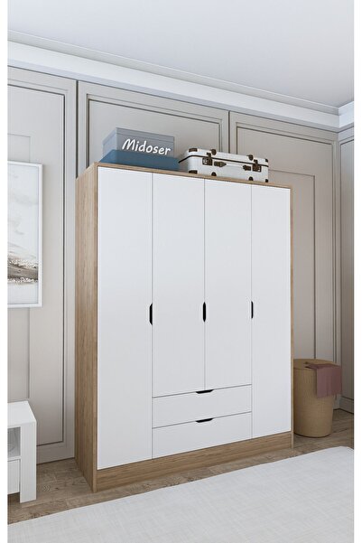 midoser Nisan Açık Ceviz-beyaz 140 Cm 4 Kapılı 2 Çekmeceli Elbise Dolabı - Ga...