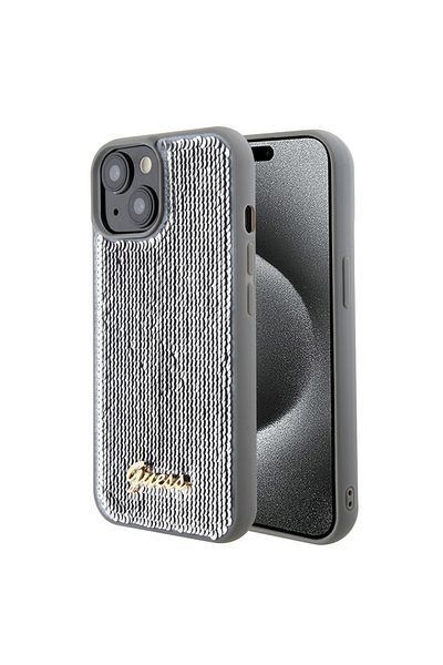 Guess Case for IPhone 15, Sequin Script Metal, Guess - Silver