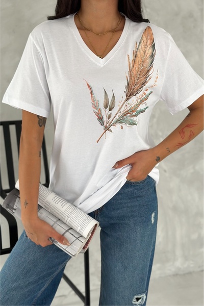 FEMELLE Women's White V-Neck Plus Size Leaf Pattern Sequin Sequin Embroidered 100% Cotton Plus Size T-Shirt