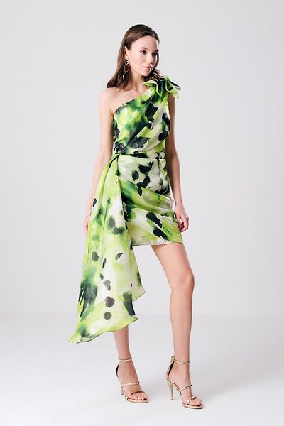 EXPLOSION Patterned Satin One Shoulder Gathered Stylish Mini Evening Dress Explosion