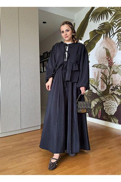 Aselim Hijap Moda Διπλό κοστούμι με βολάν δεμένο υφασμάτινο παντελόνι Modal Μαύρο