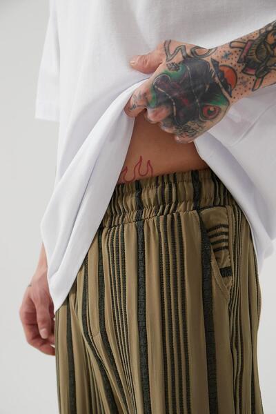 Machinist Ανδρικό παντελόνι μαροκινής μάρκας Barbaros με ριγέ χαλαρό και φαρδύ σχέδιο σε χρώμα ελιάς-μαύρο