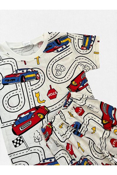 Fil Kids Set de pijamale de vară pentru băiat, culoare albă, din bumbac, cu mâneci scurte, cu modele de fulgere